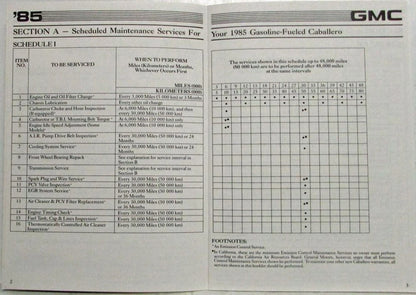 Maintenance Schedule Booklet for GMC Truck Caballero (1985)