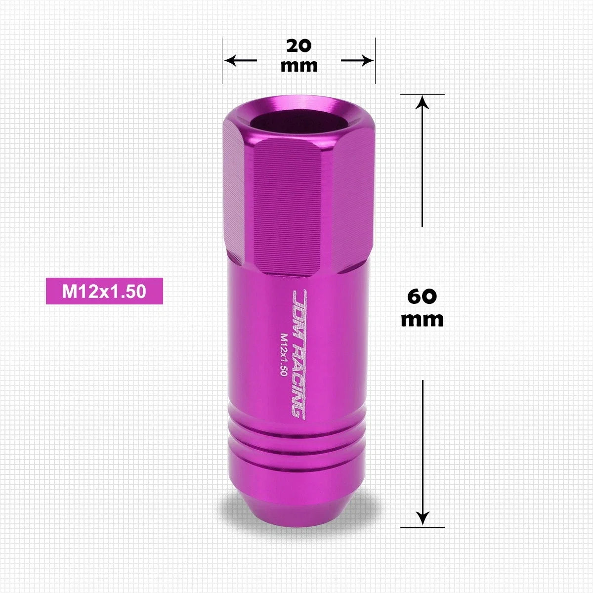 Set of 20 JDM M12X1.5 20mm OD 60mm Tall Purple Open-End Aluminum Lug Nuts