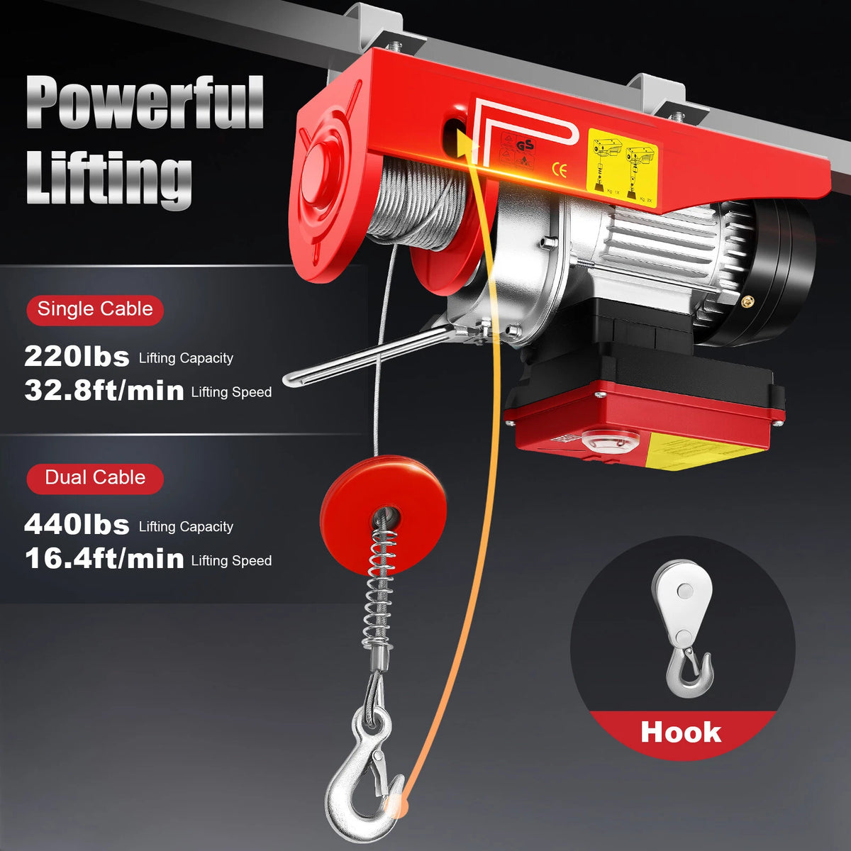 110V Hoist 440 lb Dual-Line with 12m Rope and Wireless Remote