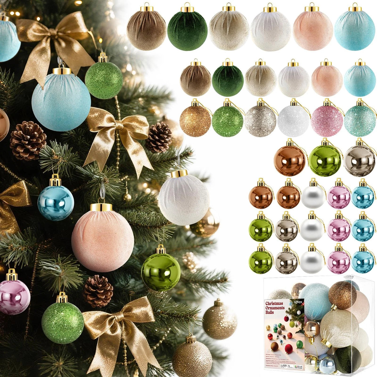 36 Velvet Christmas Tree Ornaments Balls - 3.15 Inches, 6 Colors