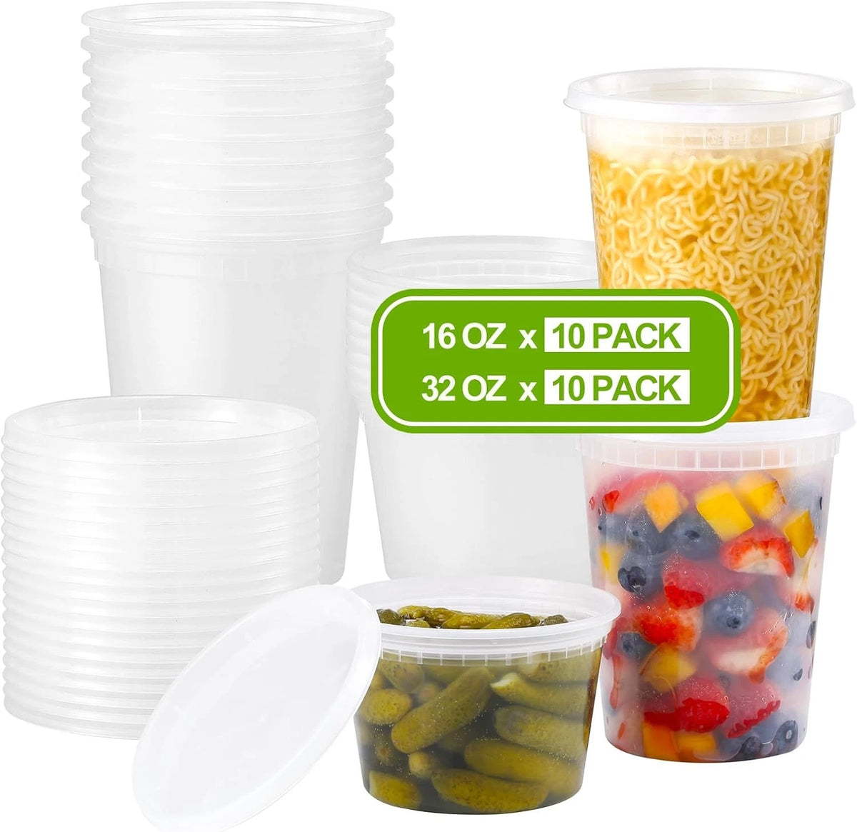 Set of 20 Plastic Deli Food Containers with Lids 16oz, 32oz Variety Pack
