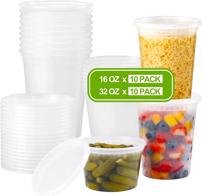 Set of 20 Plastic Deli Food Containers with Lids 16oz, 32oz Variety Pack