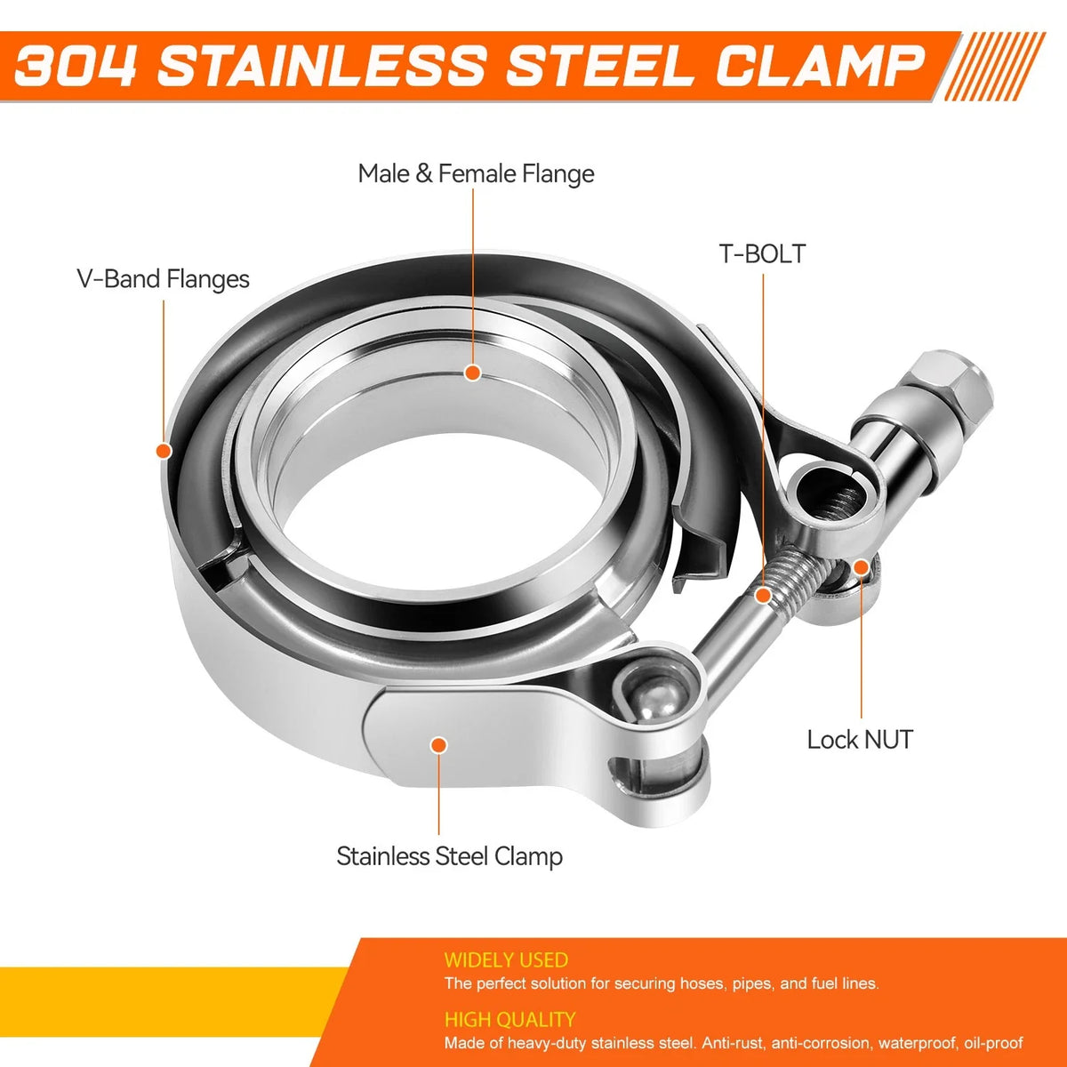 2.5" OD Stainless Steel V-Band Clamp & Flange Set for Universal Applications