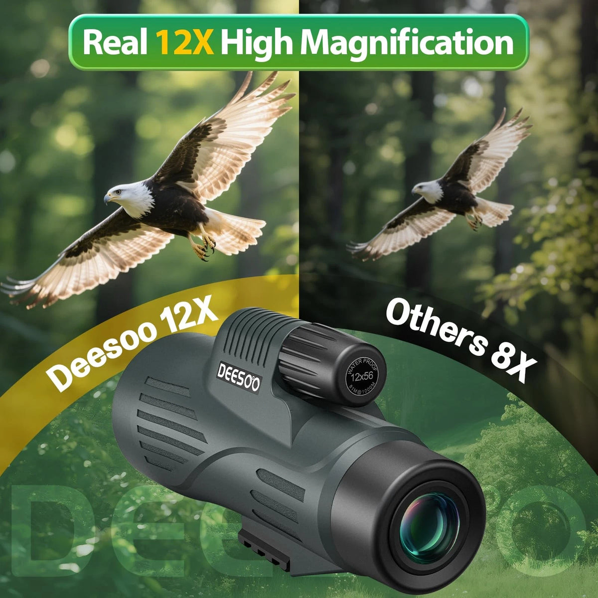 12x56 Monocular Telescope for Adults - IPX7 Waterproof Green