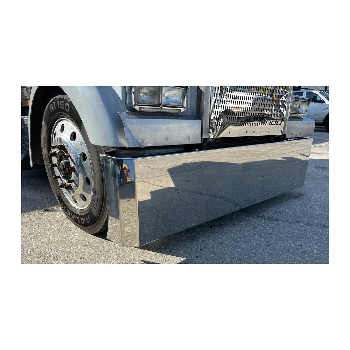 SS Buzzard Bumper with 8in Ends Mirror Finish for Kenworth W900 (20)