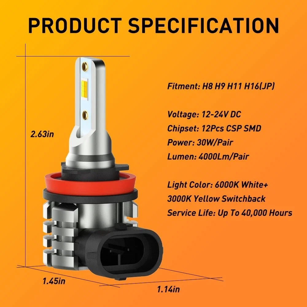 H8 H11 Dual Color Switchback LED Fog Light Bulbs 30W 4000LM for