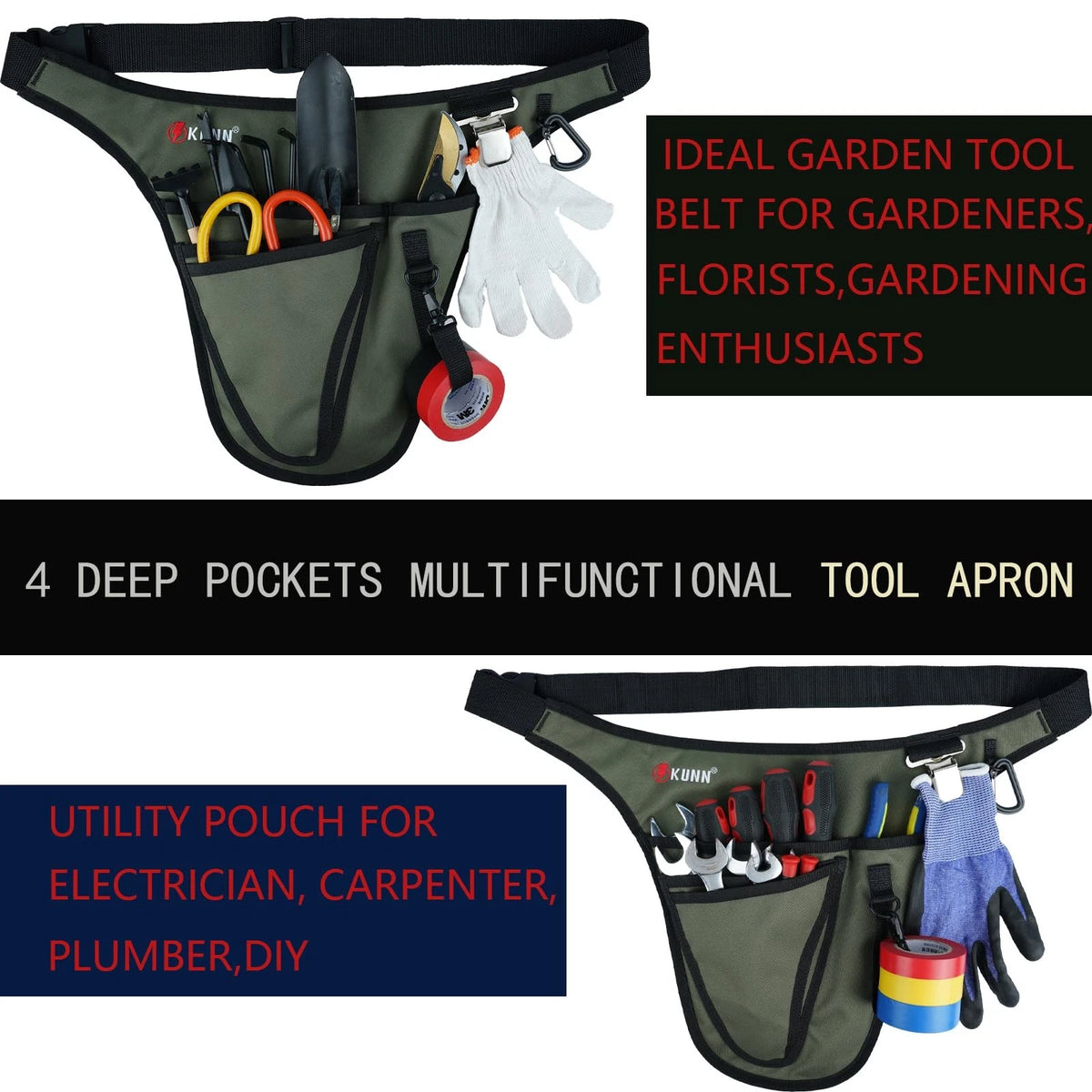 Garden Tool Belt for Adjustable Waist (One Size) - Durable Green