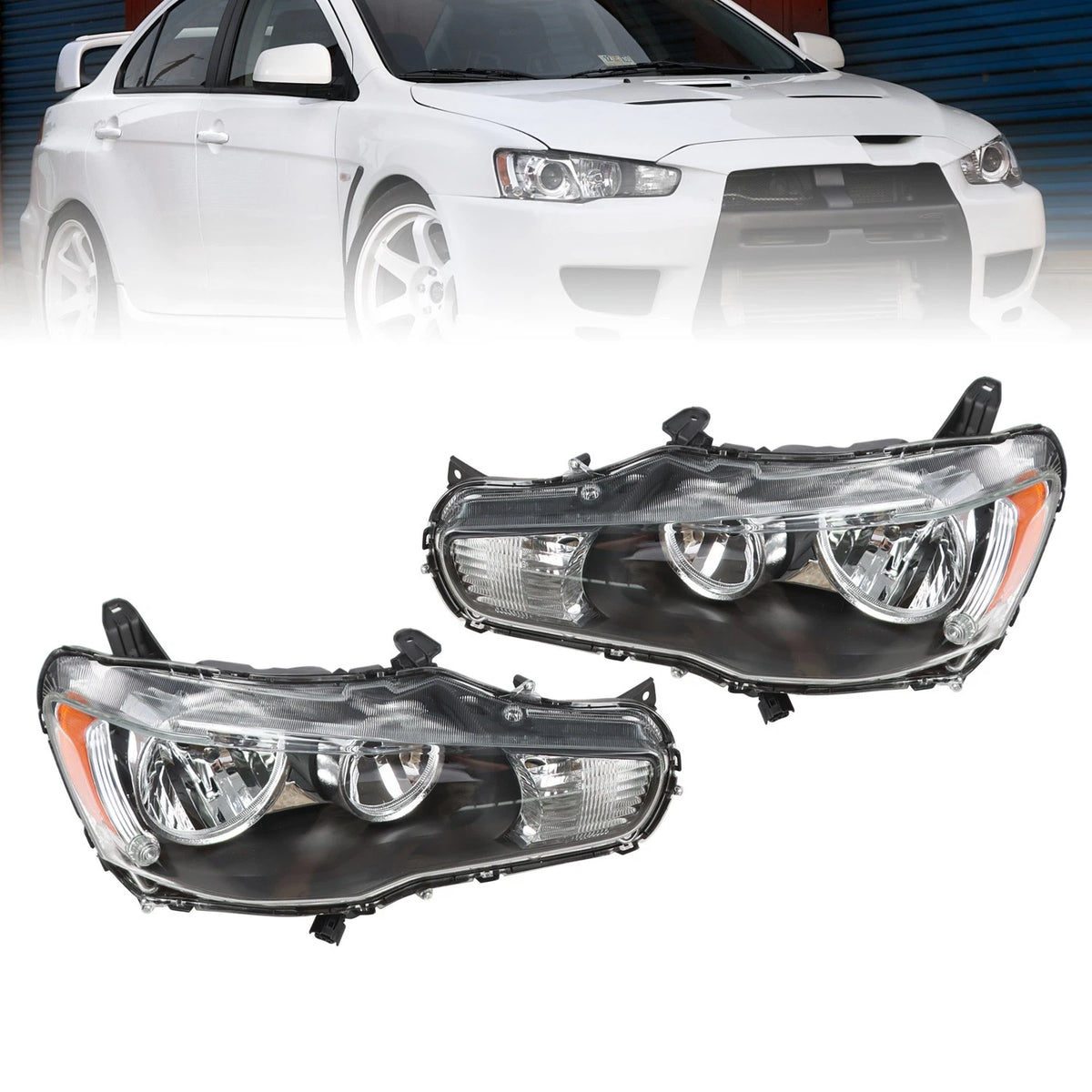 Set of 2 Headlights for Mitsubishi Lancer EVO X (2008–2017) MI2502139, 8301B075, 8301B076 LED DRL