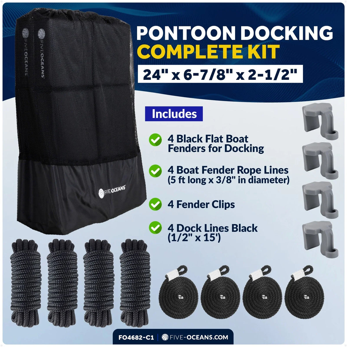 4-Pack Black Flat Boat Fender Kit 24" x 6-7/8" x 2-1/2"