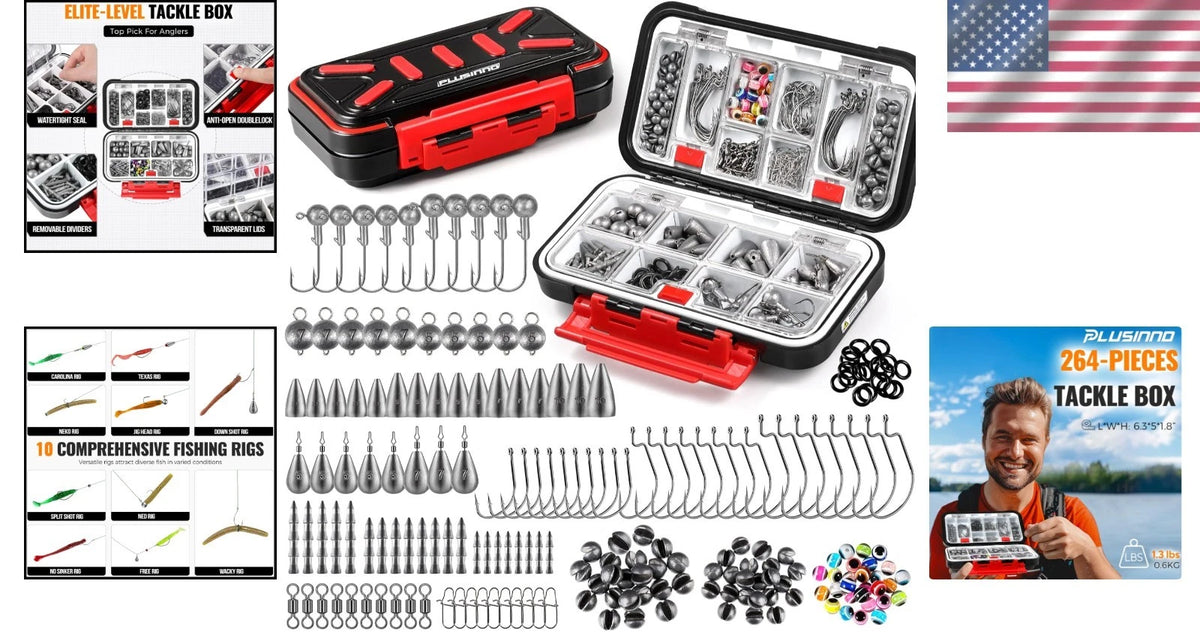 264pcs Fishing Tackle Kit with 10 Rigs & Waterproof Box for Bass and Trout