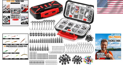 264pcs Fishing Tackle Kit with 10 Rigs & Waterproof Box for Bass and Trout