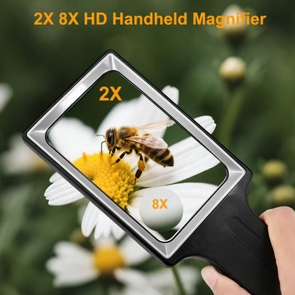 2X 8X HD Rectangle Magnifier with 20 LED for Reading Coins Stamps Crafts