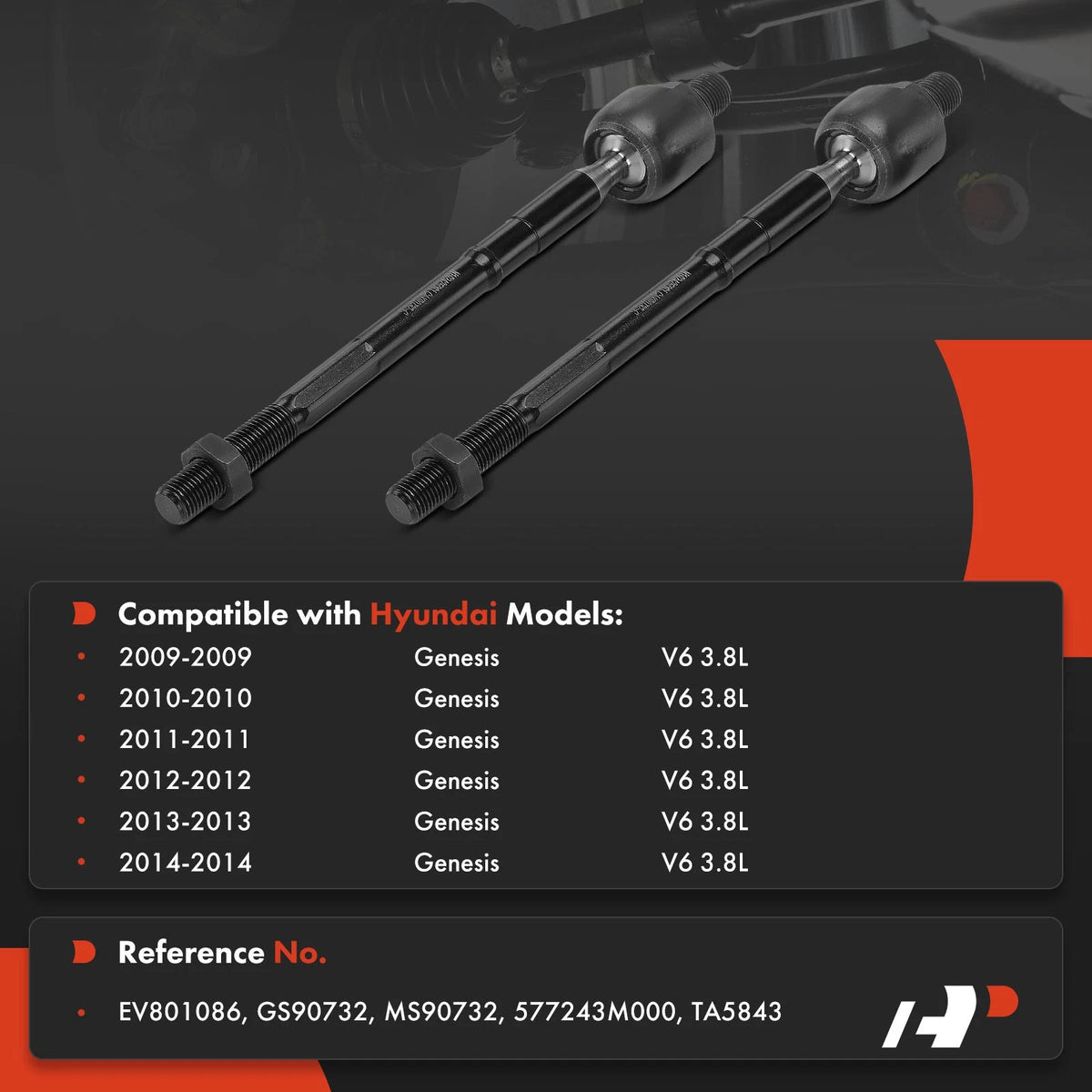 2X Front Inner Side Tie Rod End for Hyundai Genesis (2009–2014) 577243M000, EV801086
