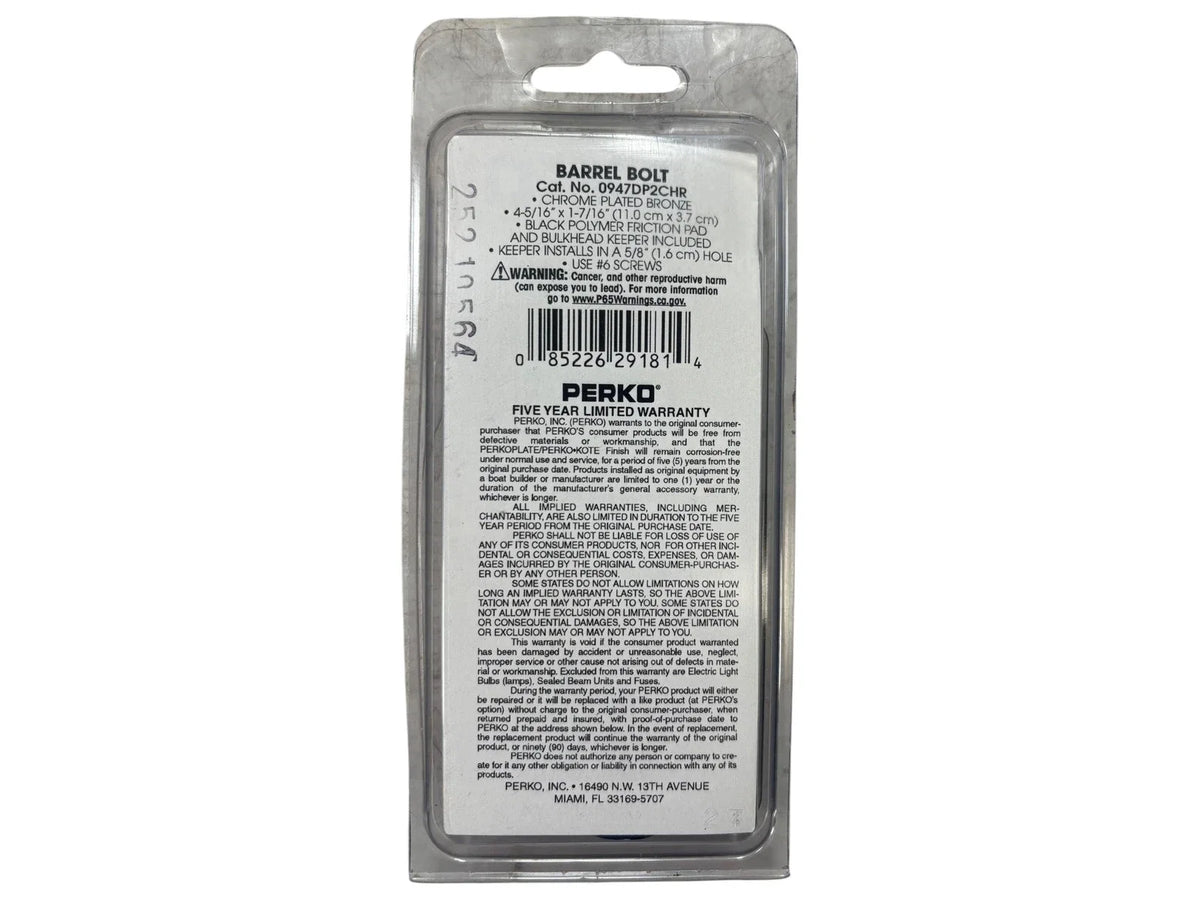 Perko 0947DP2CHR Chrome Plated Bronze Marine Barrel Bolt for Marine (N/A)