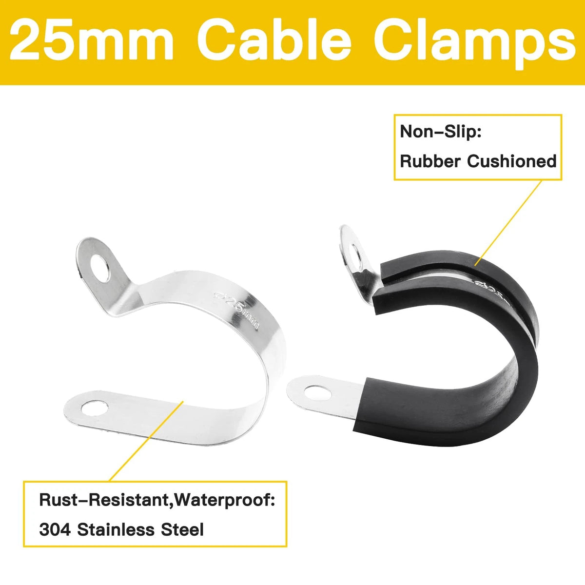 Set of 12 Cable Clamps for Various Applications (1 inch, Stainless, Black)