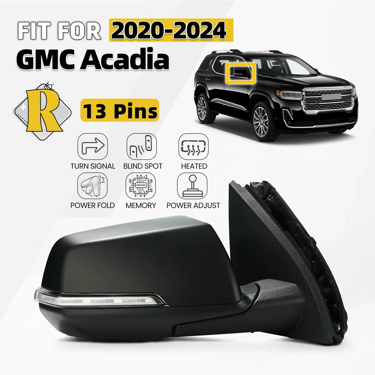 Side Mirror for GMC Acadia Right (2020–2024) 13 Pins, Memory Recall, Blind Spot
