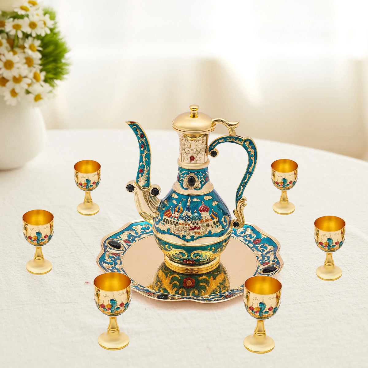 Vintage Turkish Tea Set with Pot and 6 Cups for Wedding Christmas
