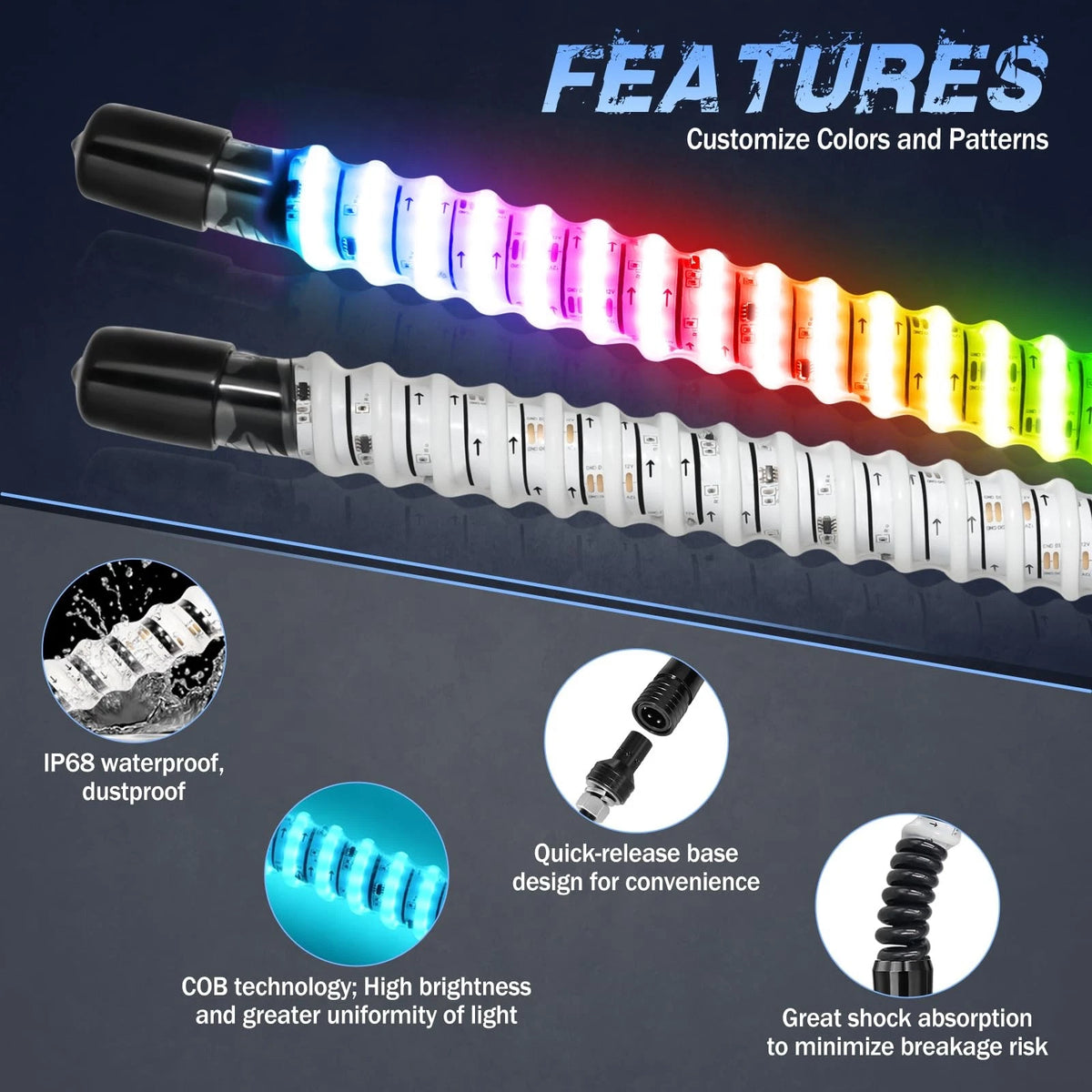 2X 1FT RGB LED Whip Lights with App & Remote for UTV ATV (2010–2023)
