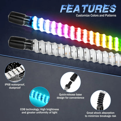 2X 1FT RGB LED Whip Lights with App & Remote for UTV ATV (2010–2023)