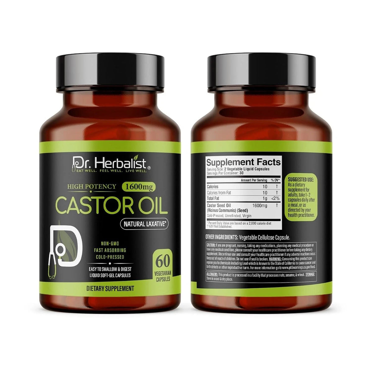 Castor Oil Capsules 1600mg Cold Pressed Ricinus Communis Oil Softgels