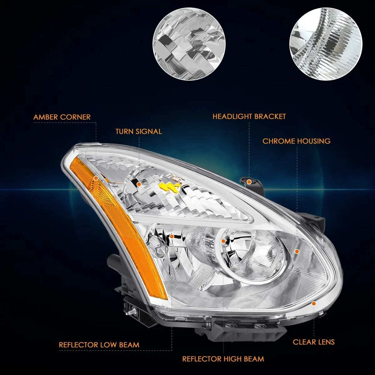 Right Side Headlight for Nissan Rogue (2009–2010) Chrome Amber Corner