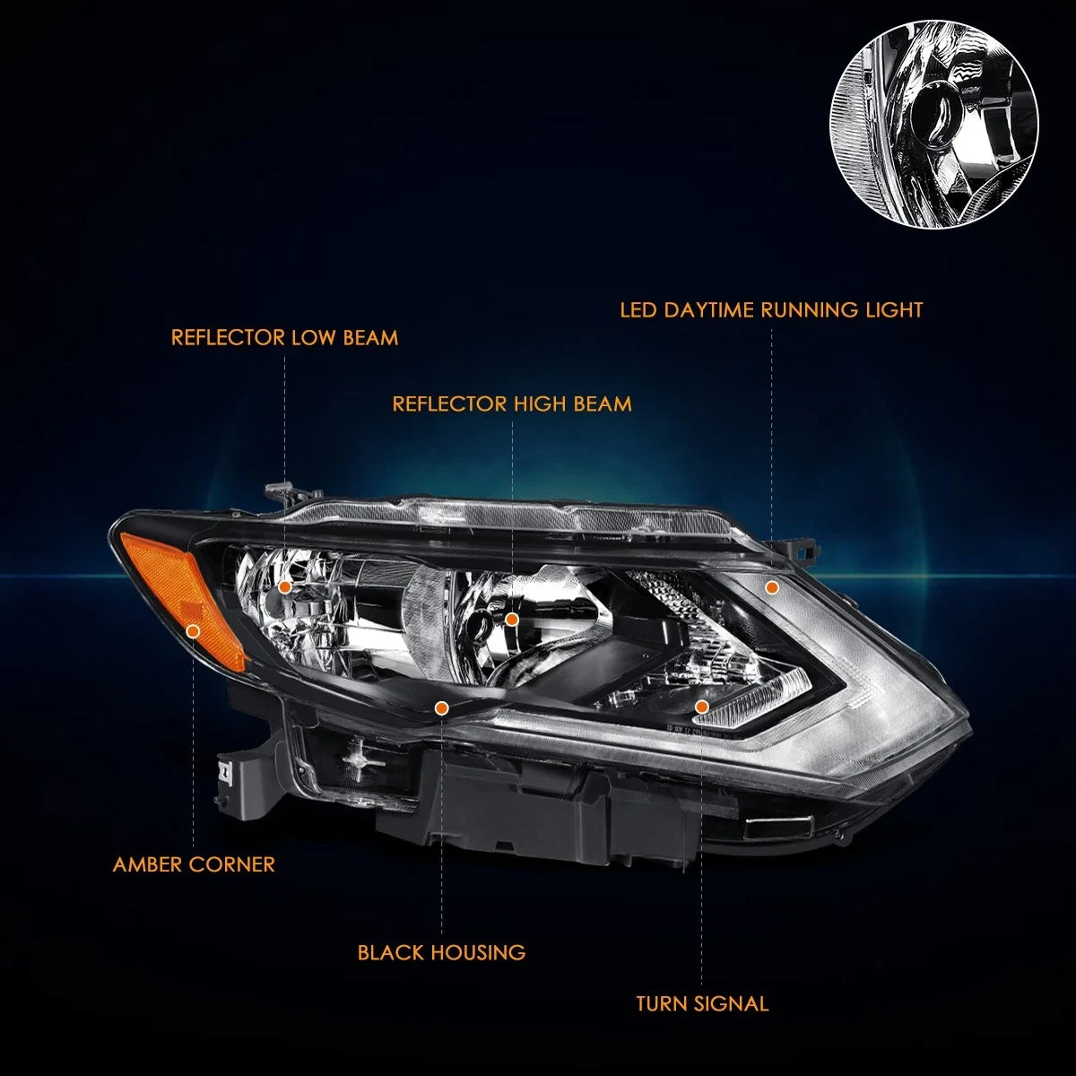 Right Side Headlight for Nissan Rogue (2017–2020) OE Style Black Housing Amber Corner