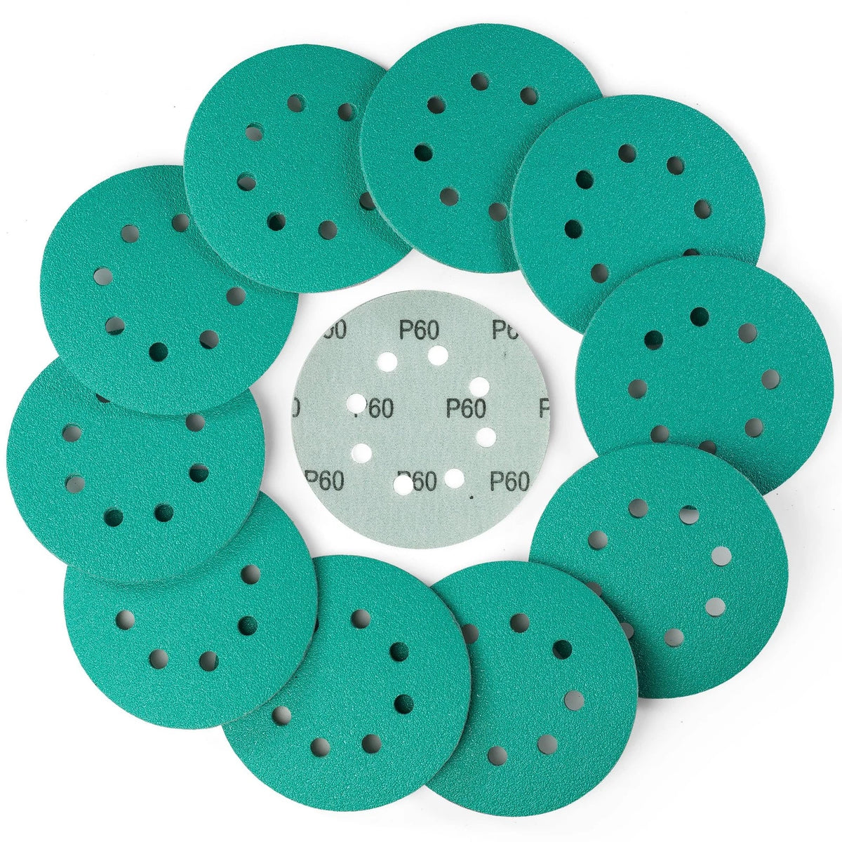 50 Pack of 5 Inch 8 Hole Sanding Discs 60 Grit Hook Loop Aluminum Oxide