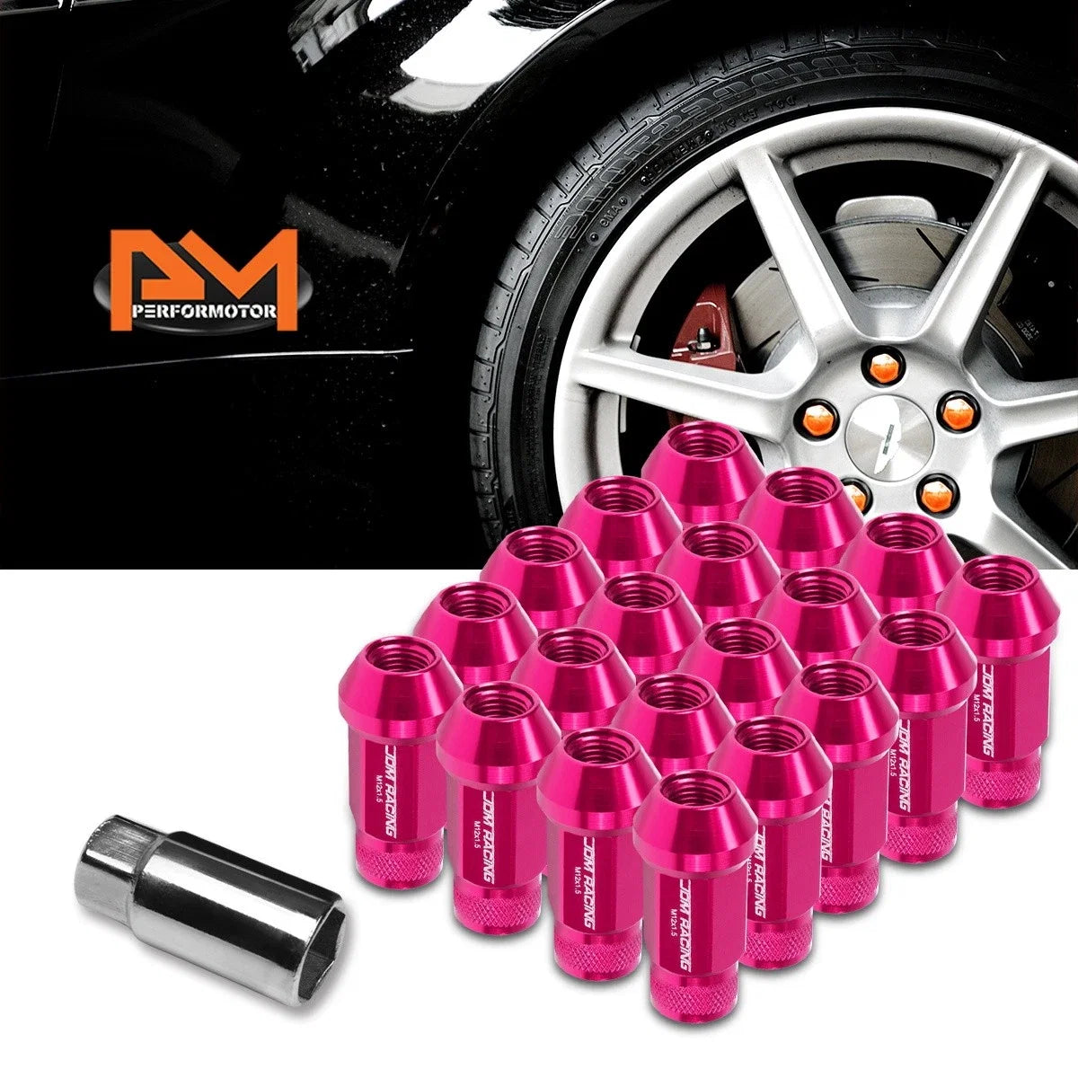 Set of 20 M12X1.5 Pink JDM Open End Cone Seat Wheel Lug Nuts + 25mm Extension