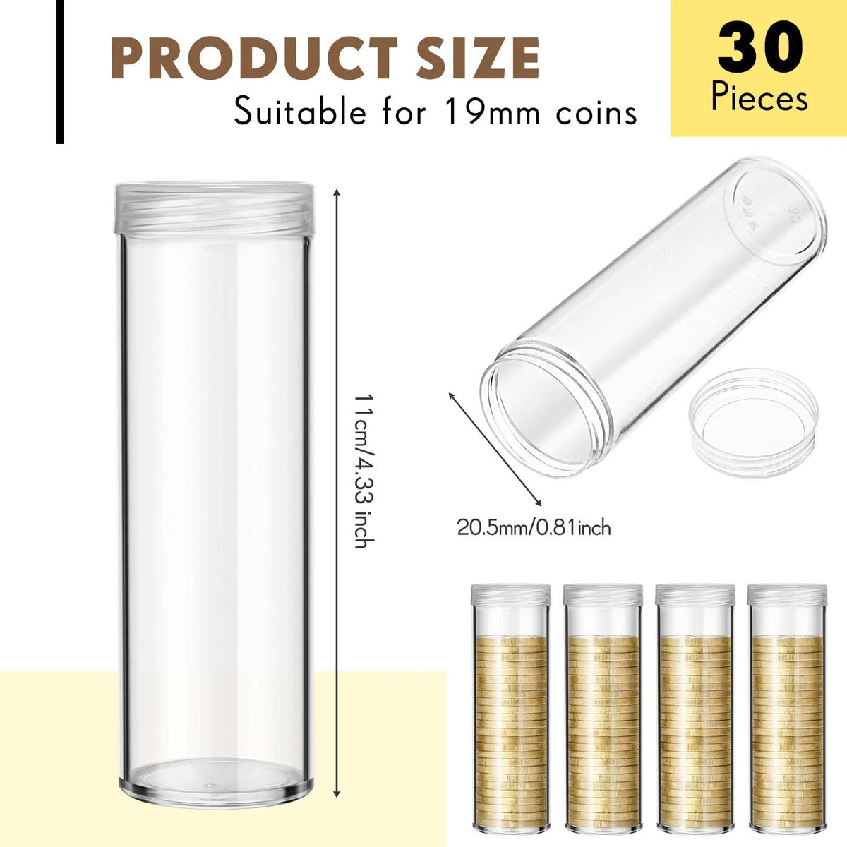 30 Pieces Coin Storage Tube for Penny (Transparent)