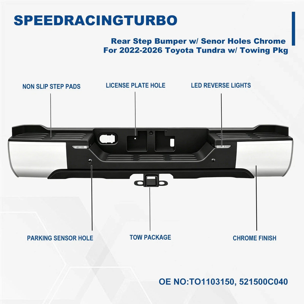 Chrome Rear Step Bumper with Sensor Holes & LED Back-Up Lamp for Toyota Tundra (2022–2026)