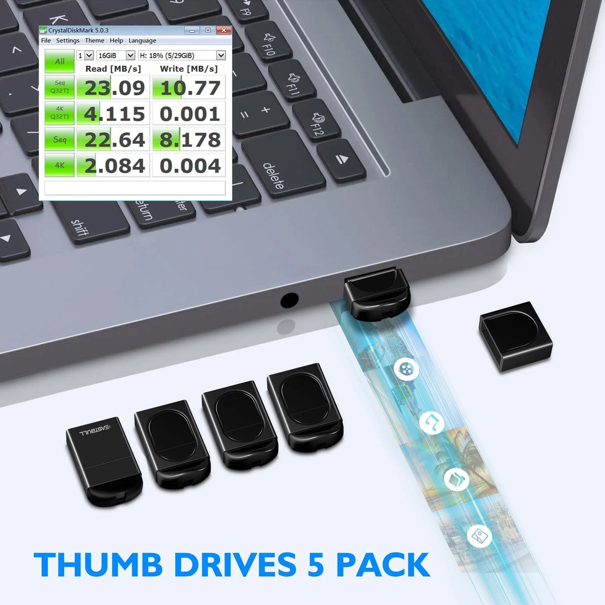 5-Pack 4GB FAT32 Small Flash Drive USB 2.0 with USB-C Adapter (Black)