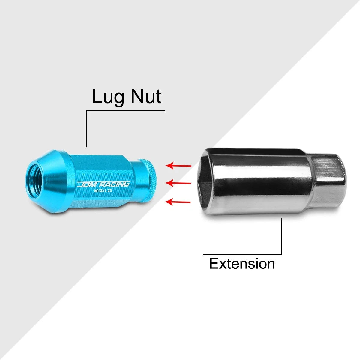 20Pc M12X1.25 Sky Blue JDM Open-End Acorn Hex Wheel Lug Nuts + Extension 25mm