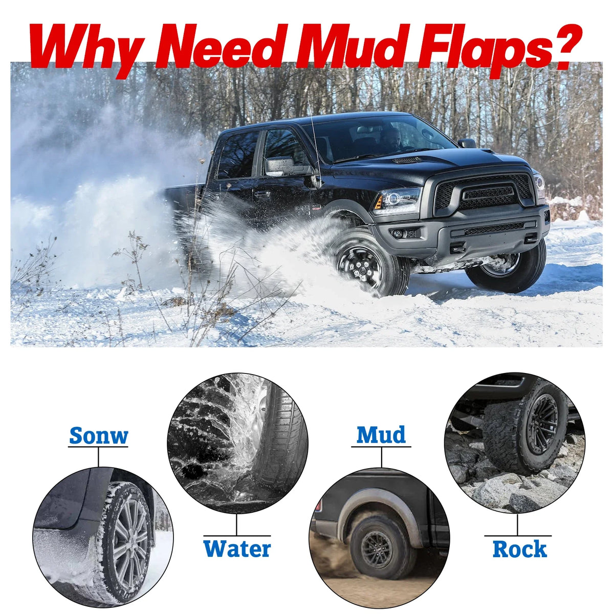 Front & Rear Splash Guards Mud Flaps for Ram 1500 2500 3500 (2009–2018)