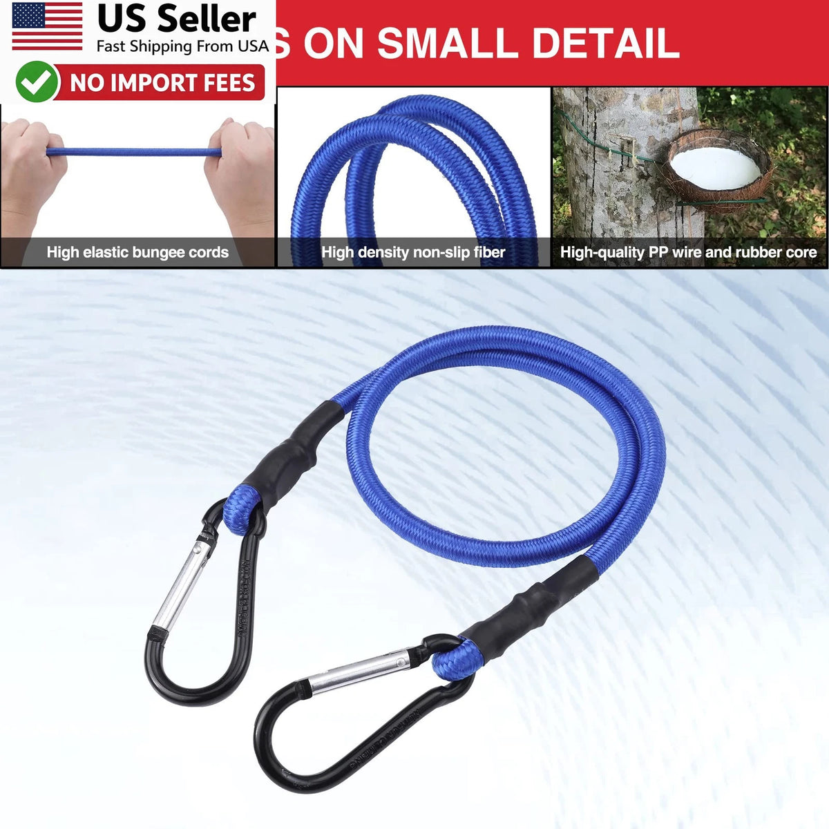 Set of 4 Heavy Duty 24 Inch Bungee Cords with Hooks - Blue
