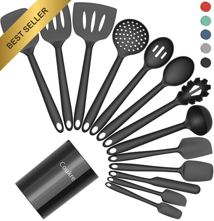 Set of 14 Silicone Cooking Utensils Heat Resistant Non-Stick Black