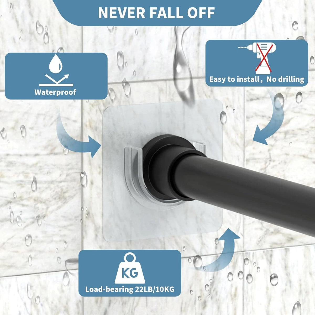 Set of 2 UAREP Adhesive Shower Rod Holders - No Drilling, Invisible Design