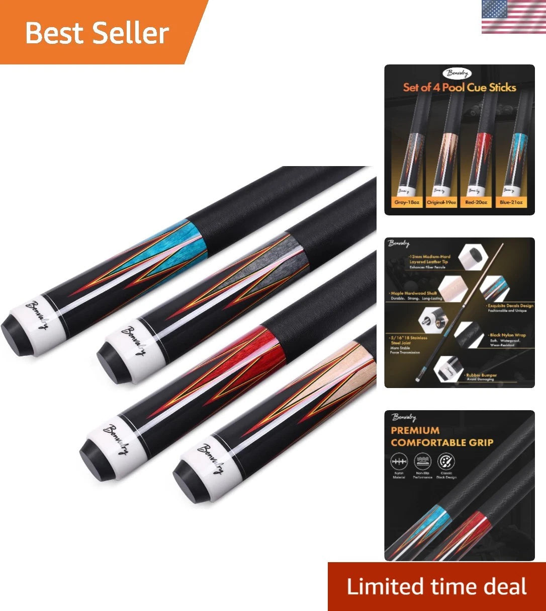 Set of 4 Professional Pool Cues for Maple Cues