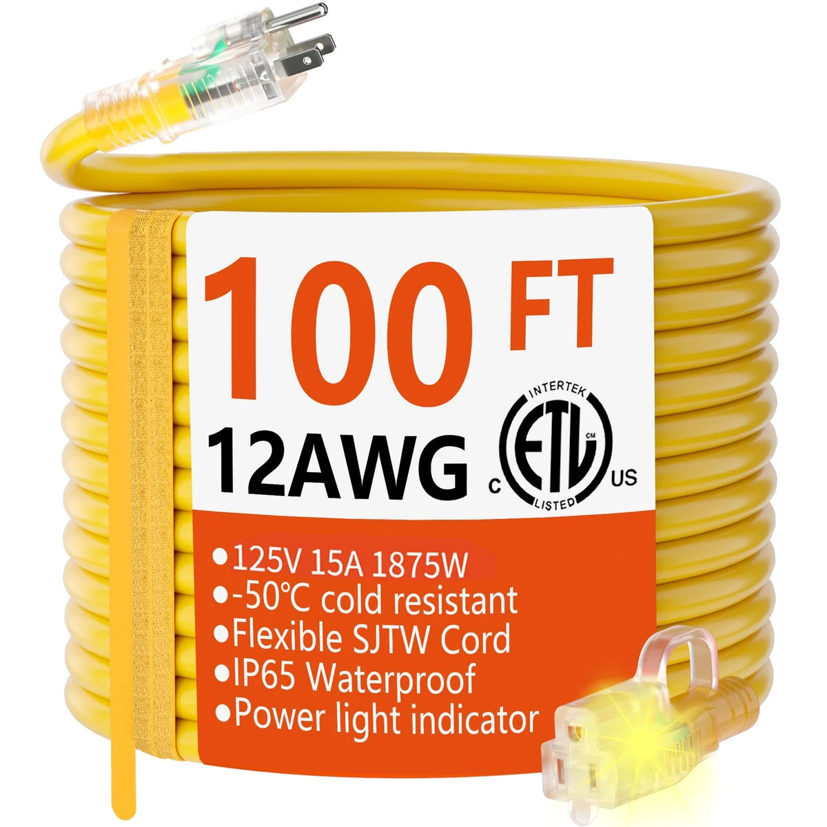 100 ft Heavy Duty Outdoor Extension Cord 12/3 Gauge Waterproof with Lighted End