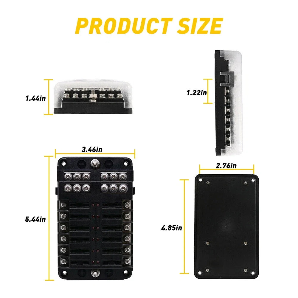 12 Way Blade Fuse Box Holder with LED Indicator for Auto Marine Boat (12V)