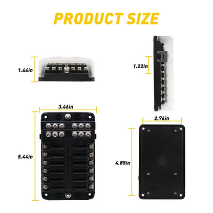 12 Way Blade Fuse Box Holder with LED Indicator for Auto Marine Boat (12V)