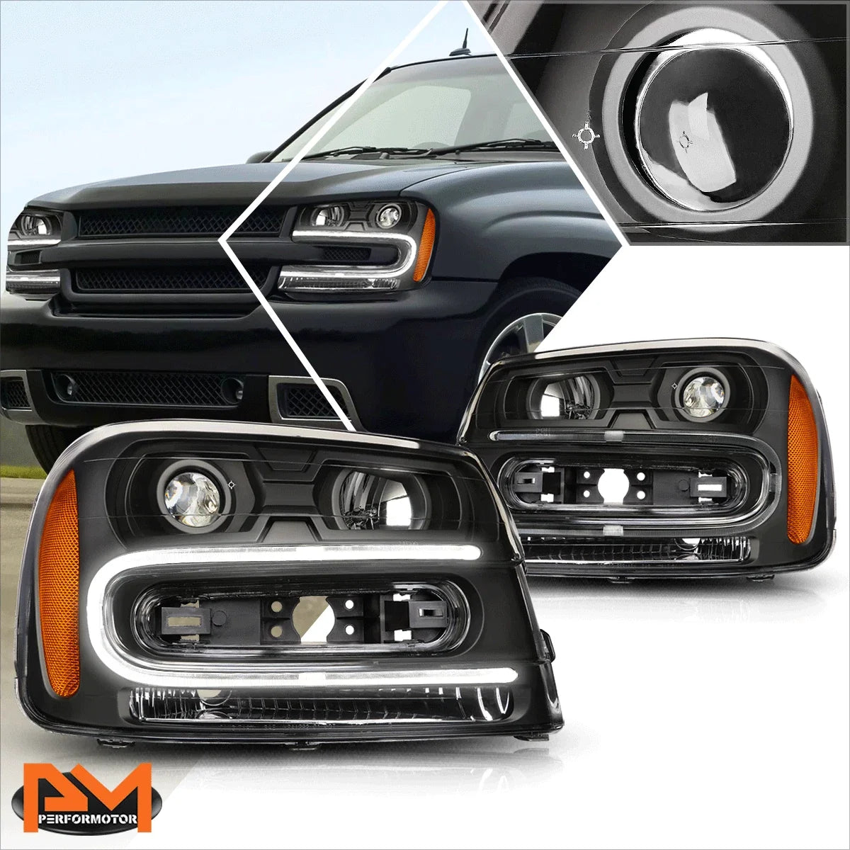 LED DRL Projector Headlight for Chevy Trailblazer (2002–2009) Black Housing