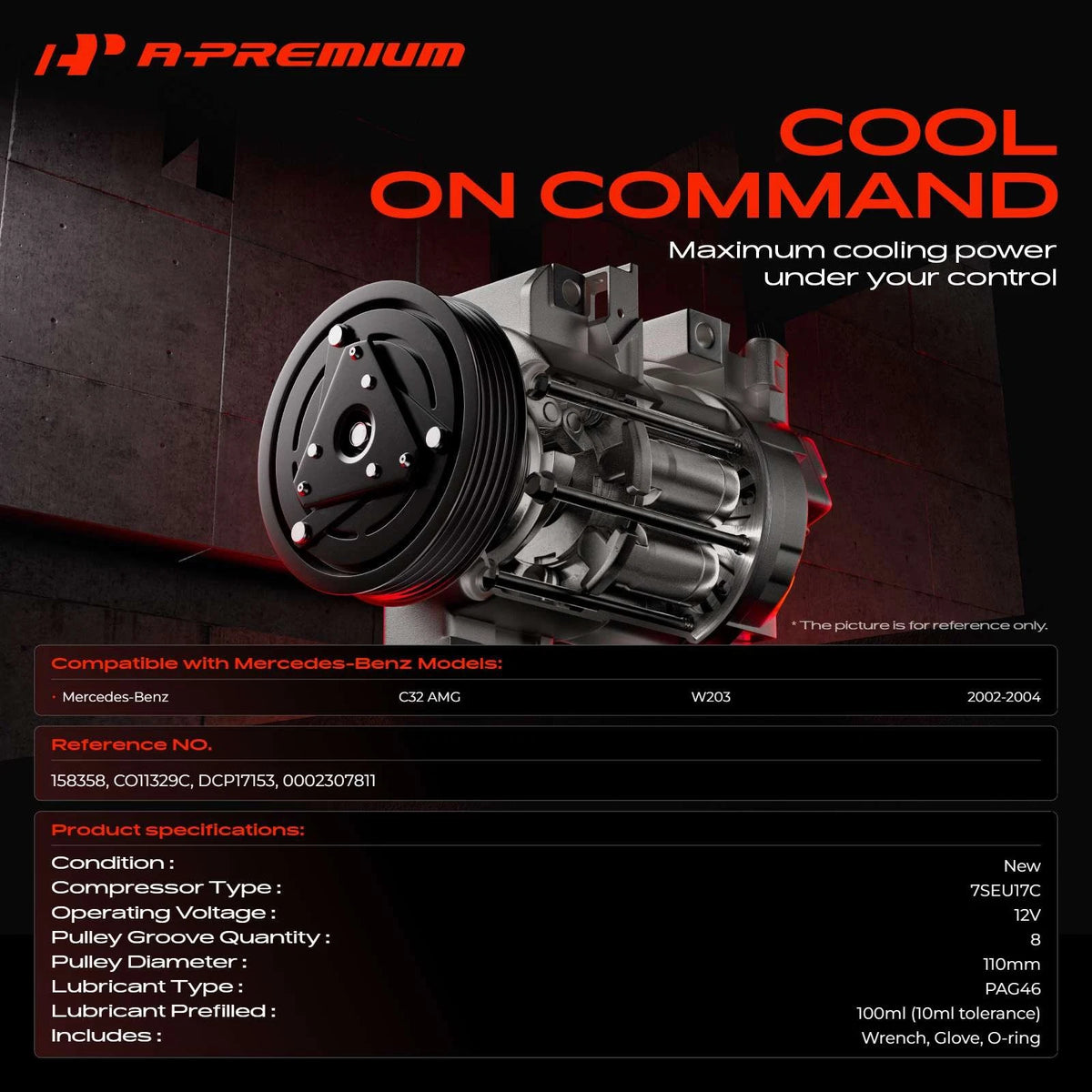 A/C Compressor with Clutch for Mercedes-Benz W203 C32 AMG (2002–2004) 158358, DCP17153, 0002307811, CO11329C