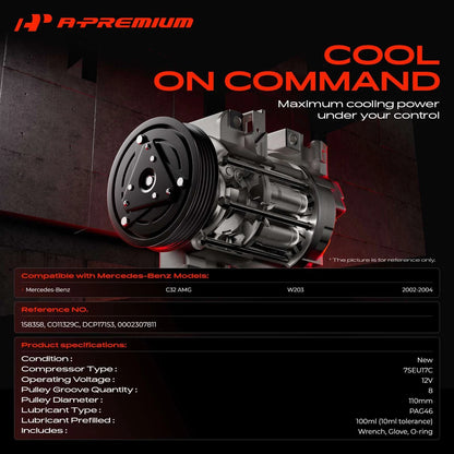 A/C Compressor with Clutch for Mercedes-Benz W203 C32 AMG (2002–2004) 158358, DCP17153, 0002307811, CO11329C