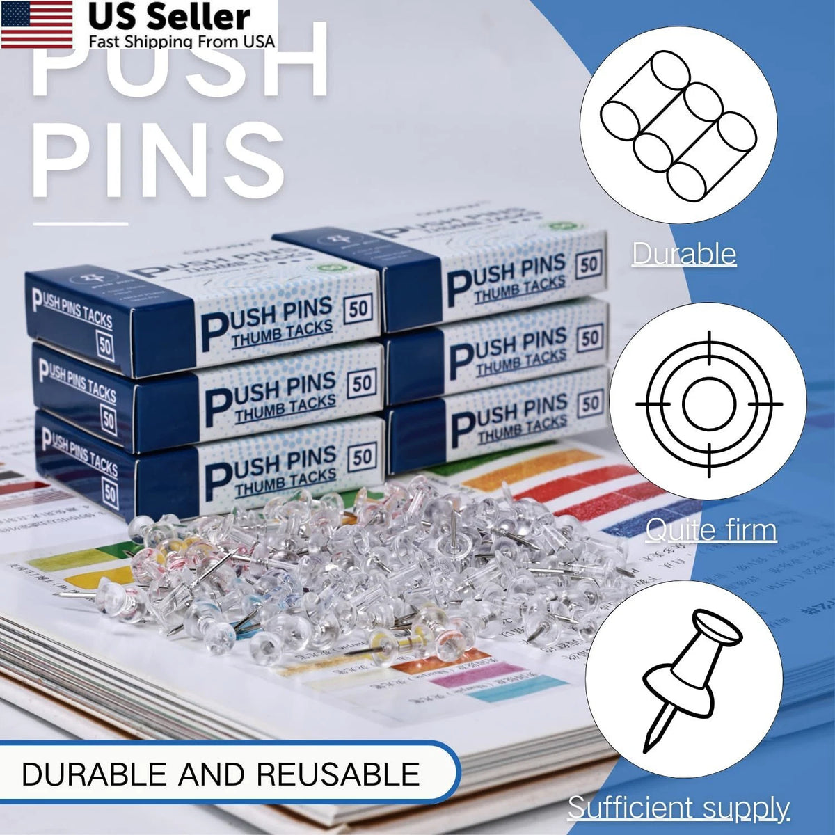 300pcs Clear Push Pins for Bulletin Boards (1 inch x 0.32 inches)