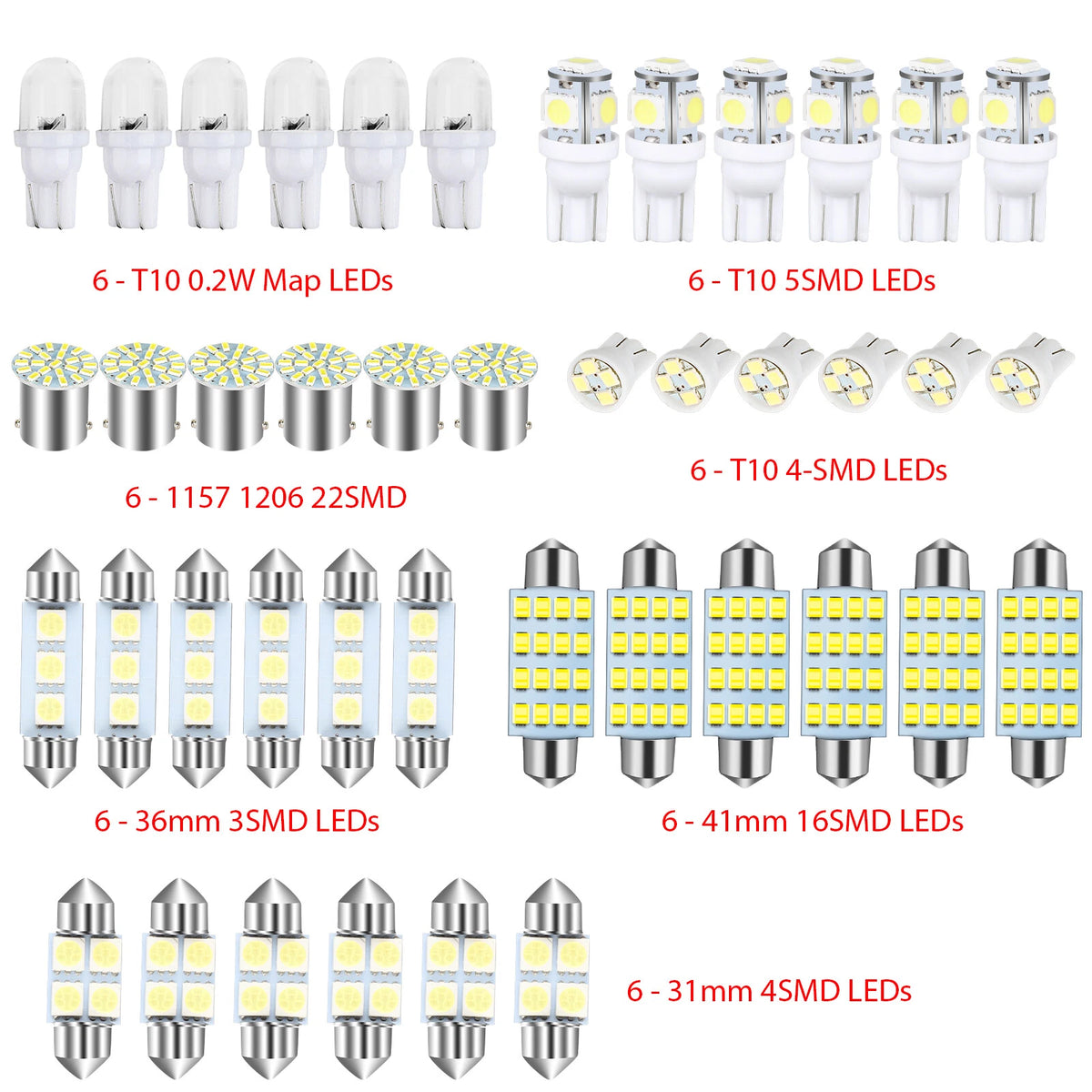 42PCS LED Interior Light Bulbs for Car (T10=W5W 2825 168 194 158 161 175 192 501 921 PC175 906 904)