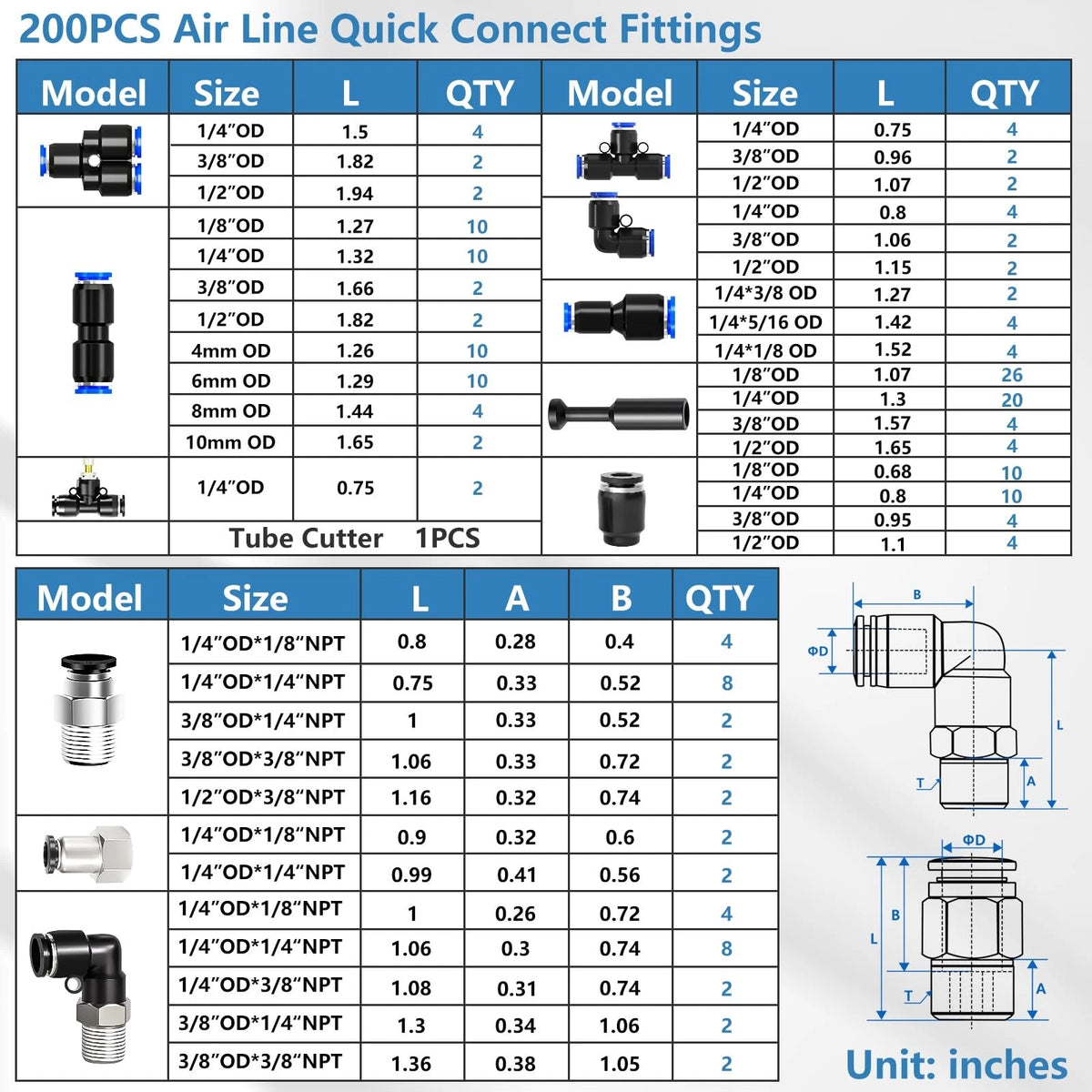 210PCS Air Line Kit for Various Applications (1/8", 1/4", 5/16", 3/8", 1/2")