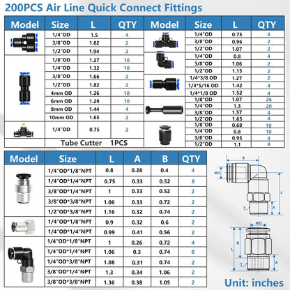 210PCS Air Line Kit for Various Applications (1/8", 1/4", 5/16", 3/8", 1/2")