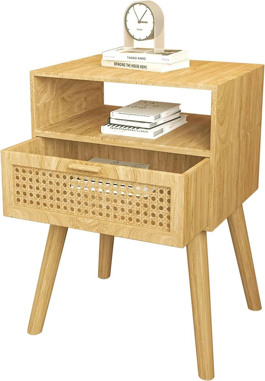 Wooden Nightstand with Rattan Door for Mid Century Style
