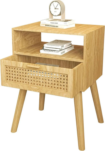 Wooden Nightstand with Rattan Door for Mid Century Style