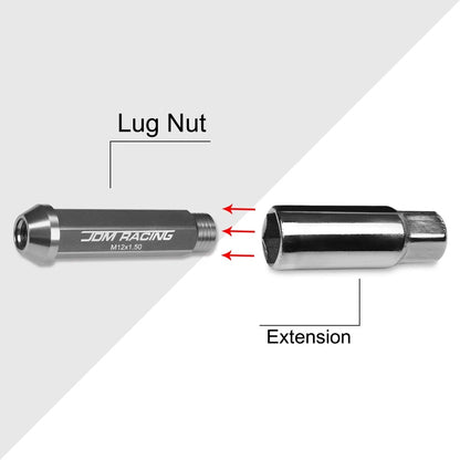 Set of 20 JDM M12X1.5 25mm OD 90mm Tall Gun Metal Open-End Lug Nuts + Key